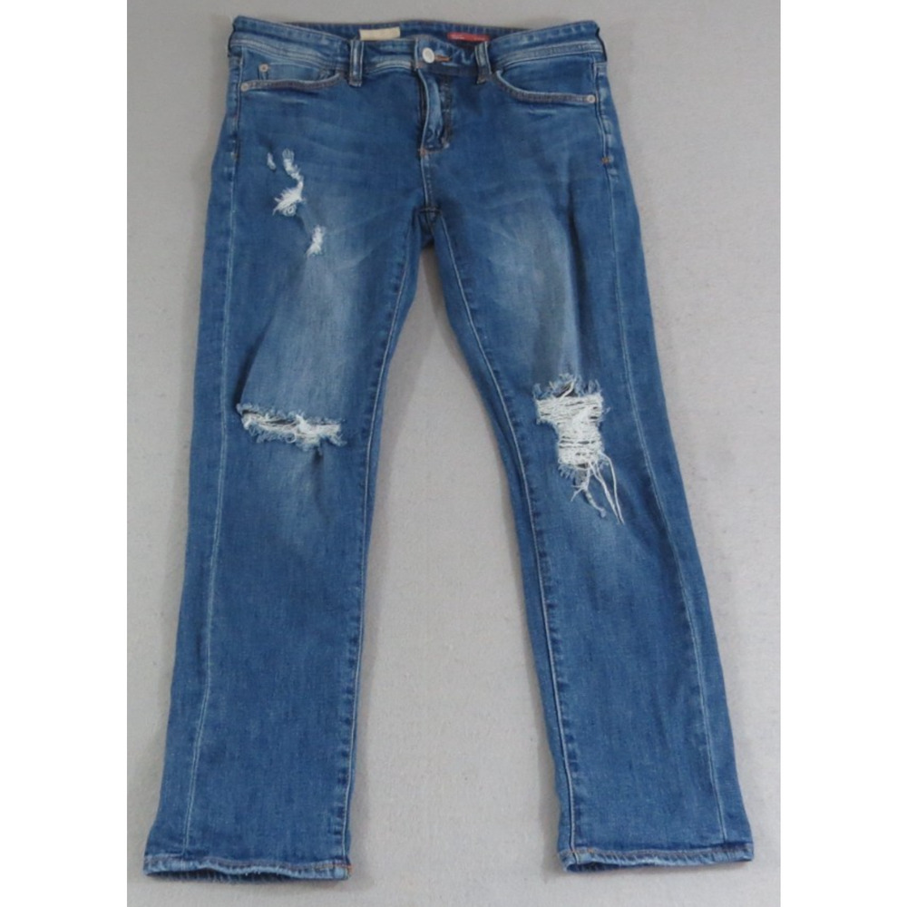 Pilcro‎ Slim Straight Cotton Jeans Womens 27 Petite Distressed Denim Mid Wash